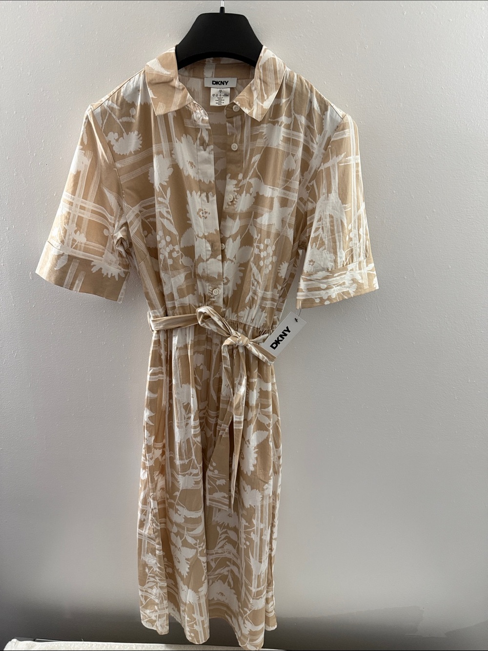 DKNY Beige White Printed Floral Maxi Long Summer Shirt Dress Business Casual US4